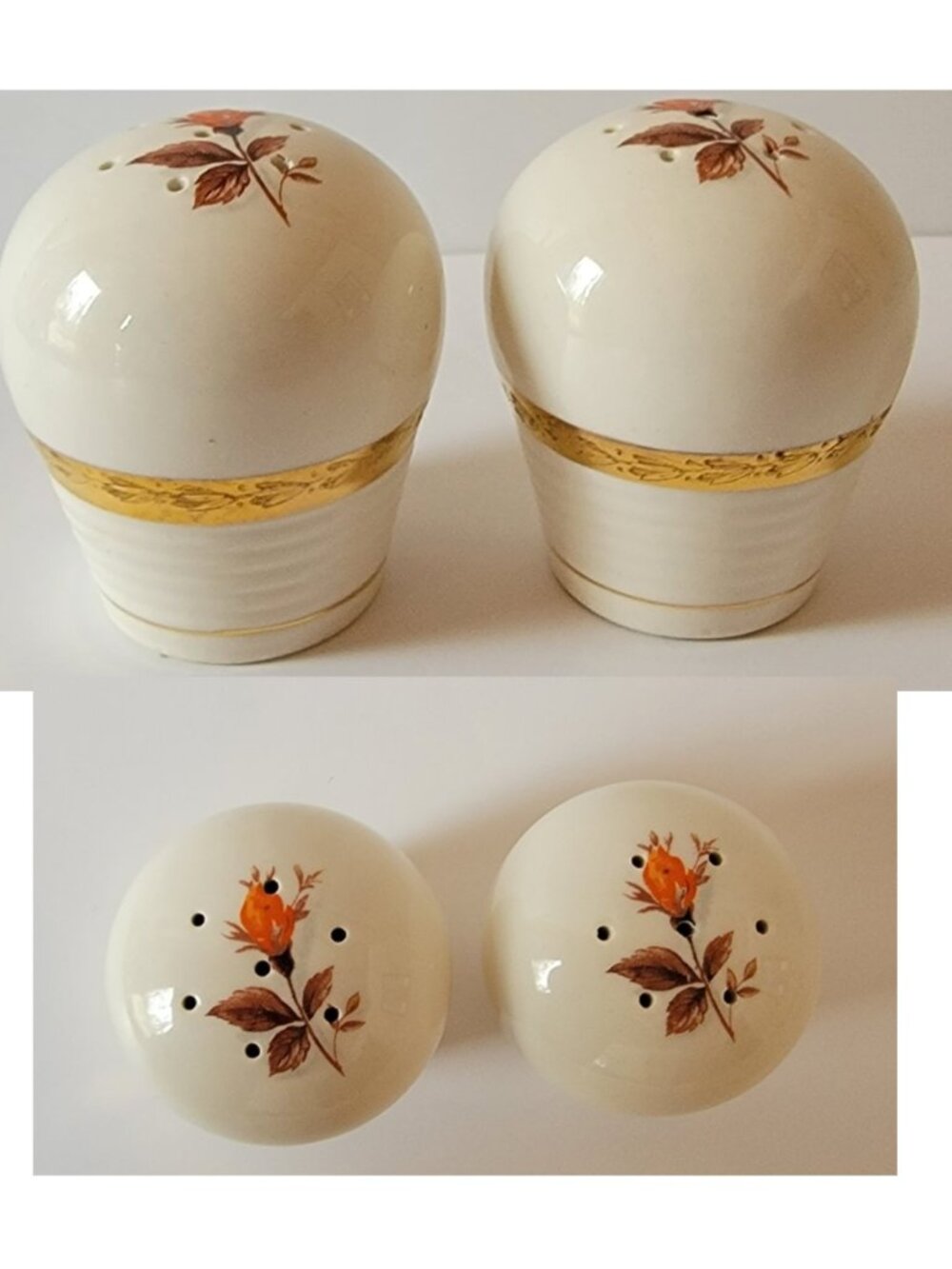 Vintage Limoges Vermillion Rose/Wide 22K Gold Laurel Band Salt & Pepper Shakers